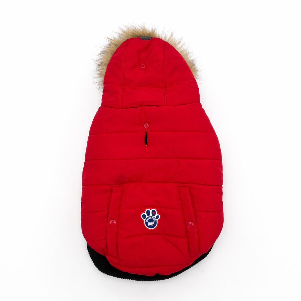 Canada Pooch North Pole Parka Red Dog Coat Faux Fur Hood Fleece Lined Size 16 - Picture 2 of 5